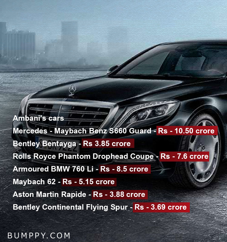 Ambani's cars Mercedes - Maybach Benz S660 Guard - Rs - 10.50 crore Bentley Bentayga - Rs 3.85 crore Rolls Royce Phantom Drophead Coupe - Rs - 7.6 crore Armoured BMW 760 Li - Rs - 8.5 crore Maybach 62 - Rs - 5.15 crore Aston Martin Rapide - Rs - 3.88 crore Bentley Continental Flying Spur - Rs - 3.69 crore