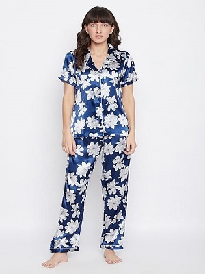 Pretty Florals Button Me Up Shirt & Pyjama Set in Navy